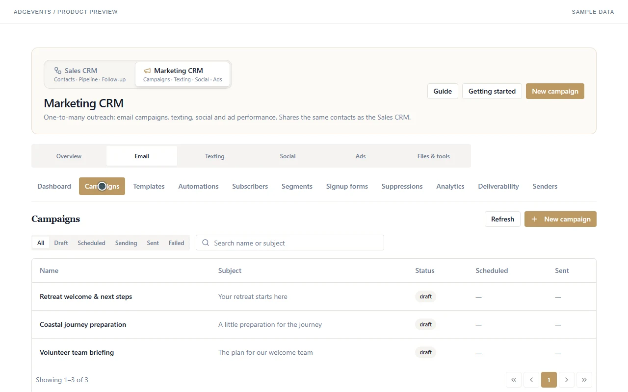 Actual Marketing CRM showing sample email campaigns and their statuses