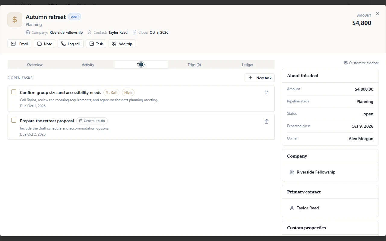 Actual Sales CRM showing a sample deal and its follow-up tasks