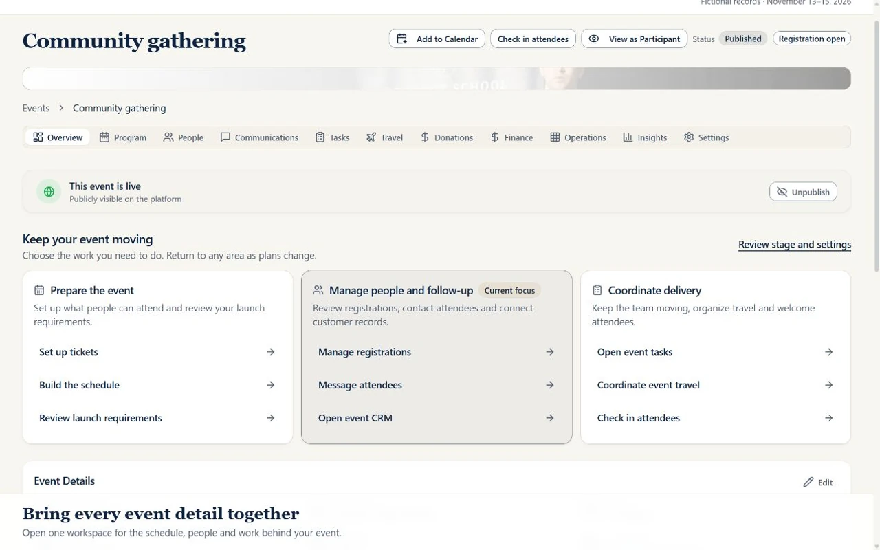 Actual ADGEvents event workspace showing a fictional community gathering