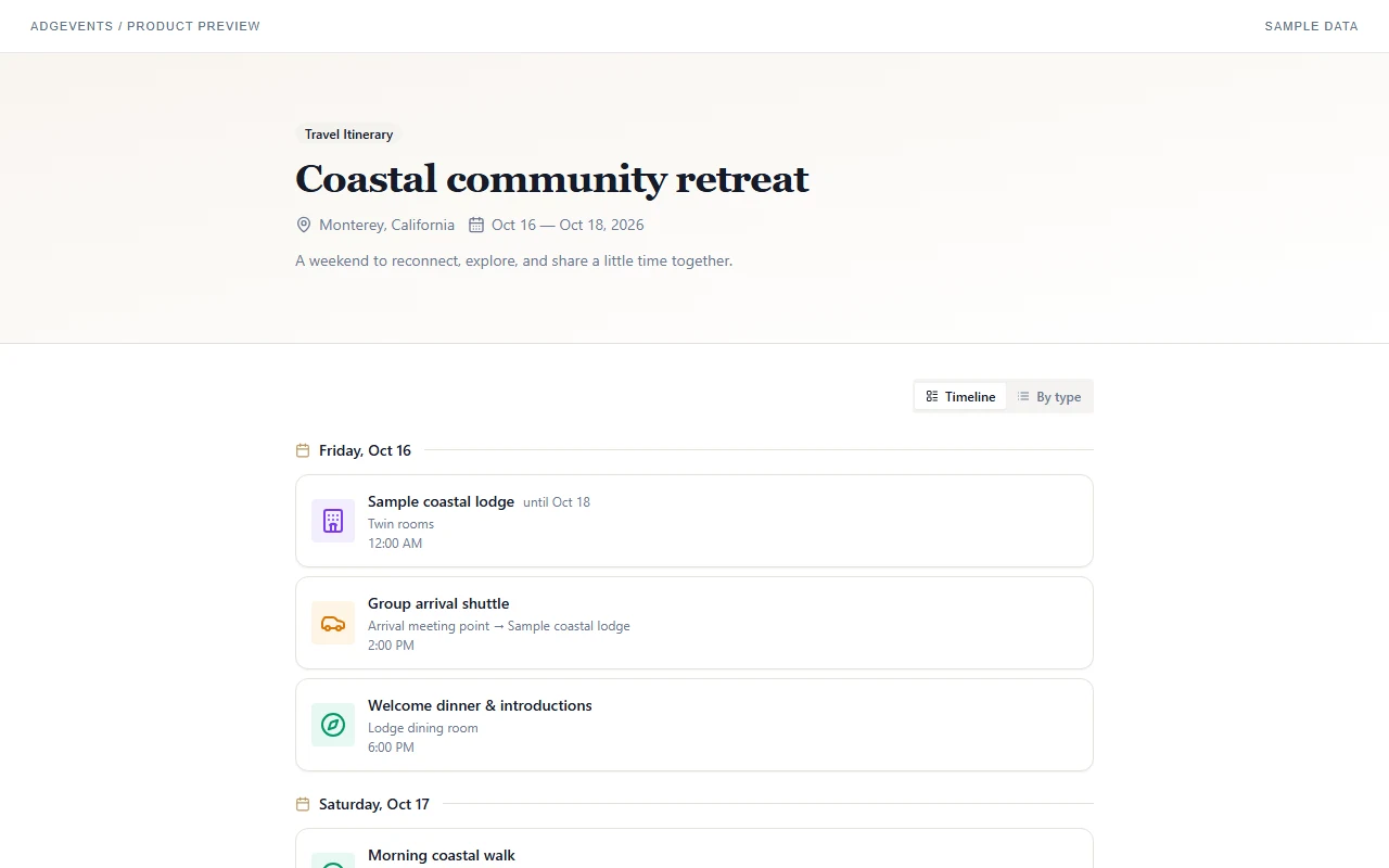 ADGEvents public itinerary showing sample transport, accommodation, and group activities
