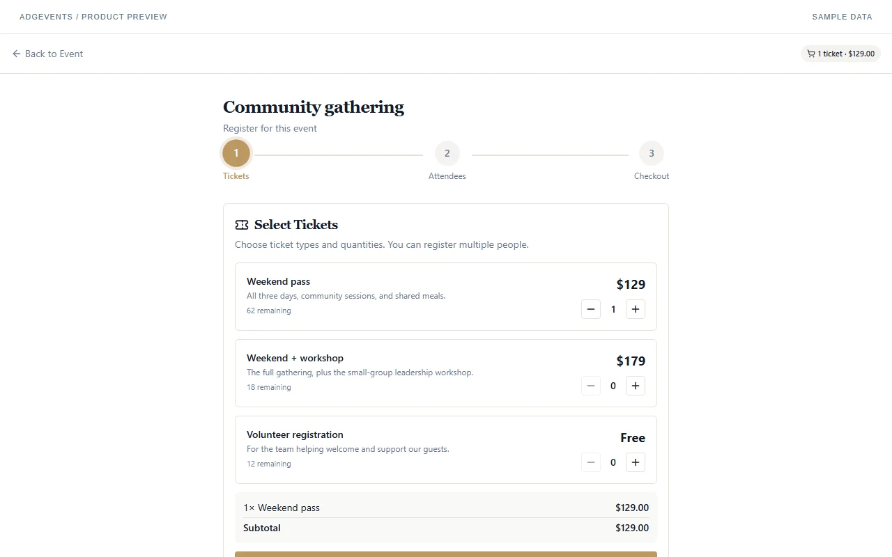 ADGEvents registration screen with sample general-admission and volunteer ticket options